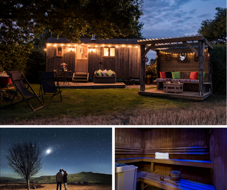 Night time shepherds hut with people stargazing and a sauna
