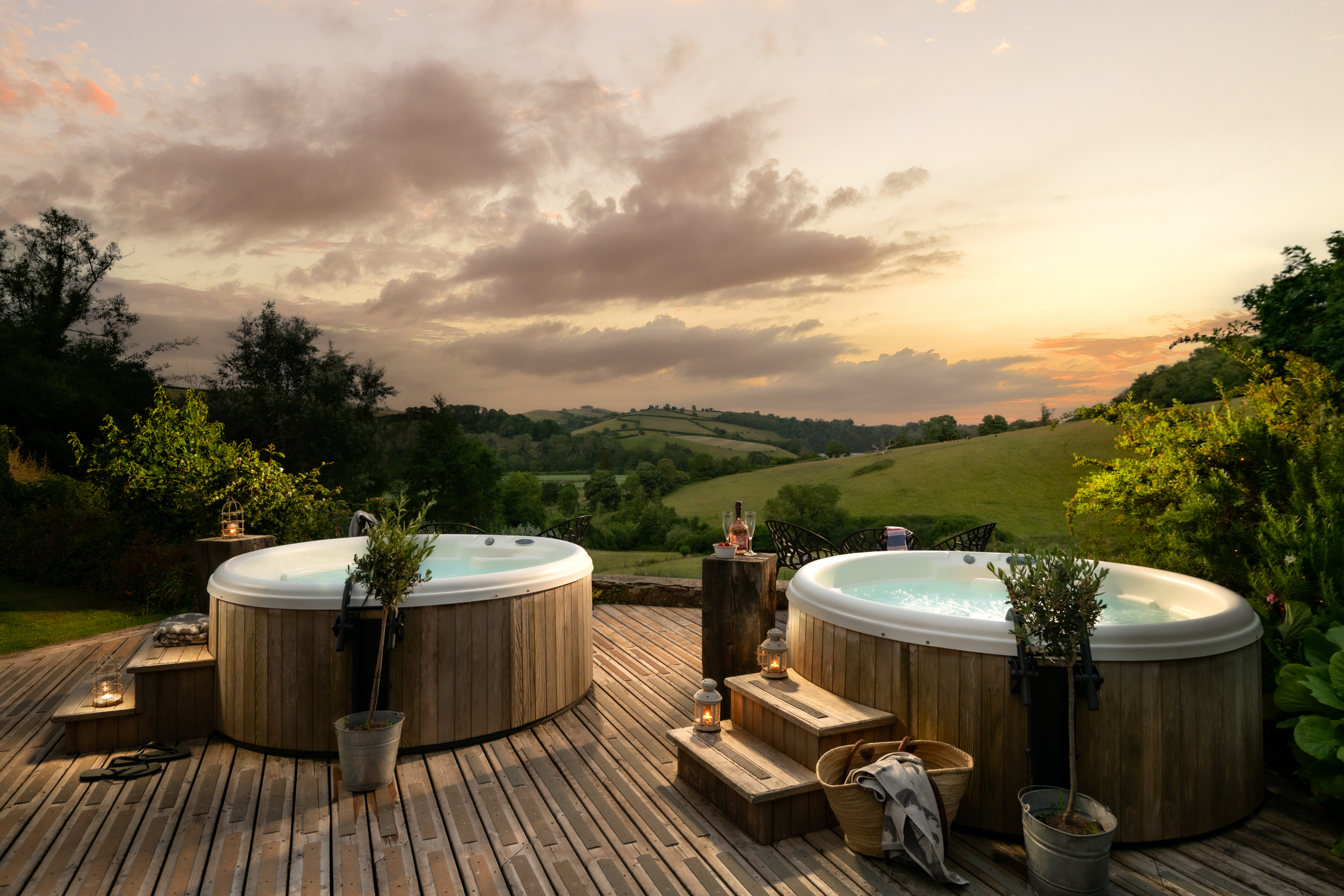 Hot tubs overlooking countryside